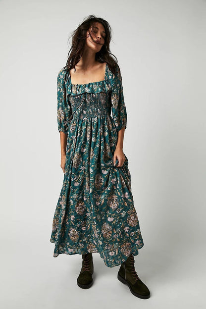 Vestido Midi con Corsé Fruncido y Manga Larga Abullonada para Mujer | Ideal para Uso Diario