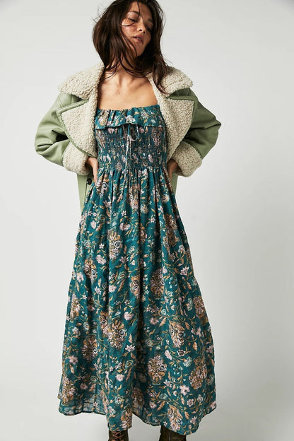 Vestido Midi con Corsé Fruncido y Manga Larga Abullonada para Mujer | Ideal para Uso Diario