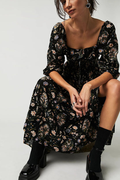 Vestido Midi con Corsé Fruncido y Manga Larga Abullonada para Mujer | Ideal para Uso Diario