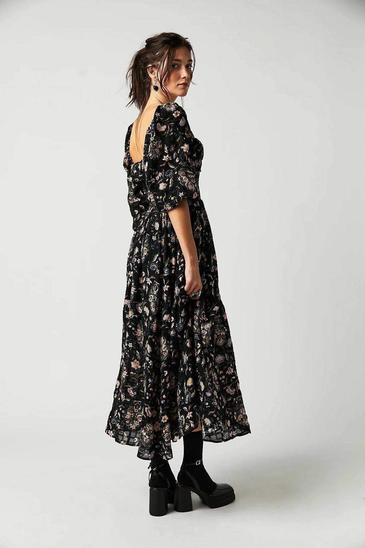 Vestido Midi con Corsé Fruncido y Manga Larga Abullonada para Mujer | Ideal para Uso Diario