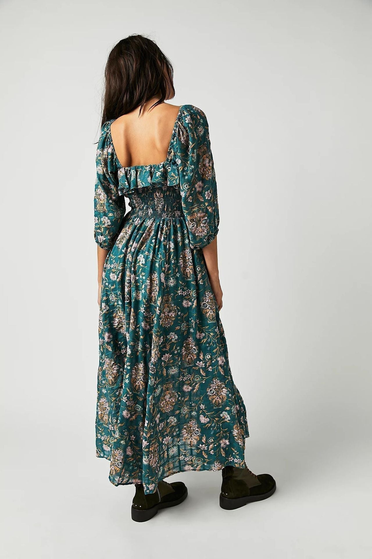 Vestido Midi con Corsé Fruncido y Manga Larga Abullonada para Mujer | Ideal para Uso Diario