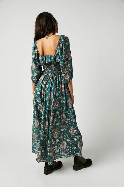 Vestido Midi con Corsé Fruncido y Manga Larga Abullonada para Mujer | Ideal para Uso Diario