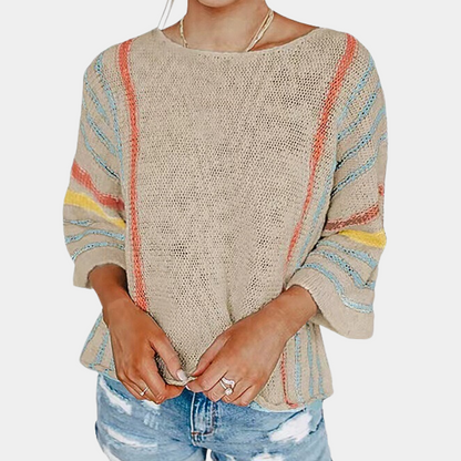 Jersey de Punto Suelto con Rayas Coloridas y Mangas Tres Cuartos para Mujer | Ideal para Uso Diario