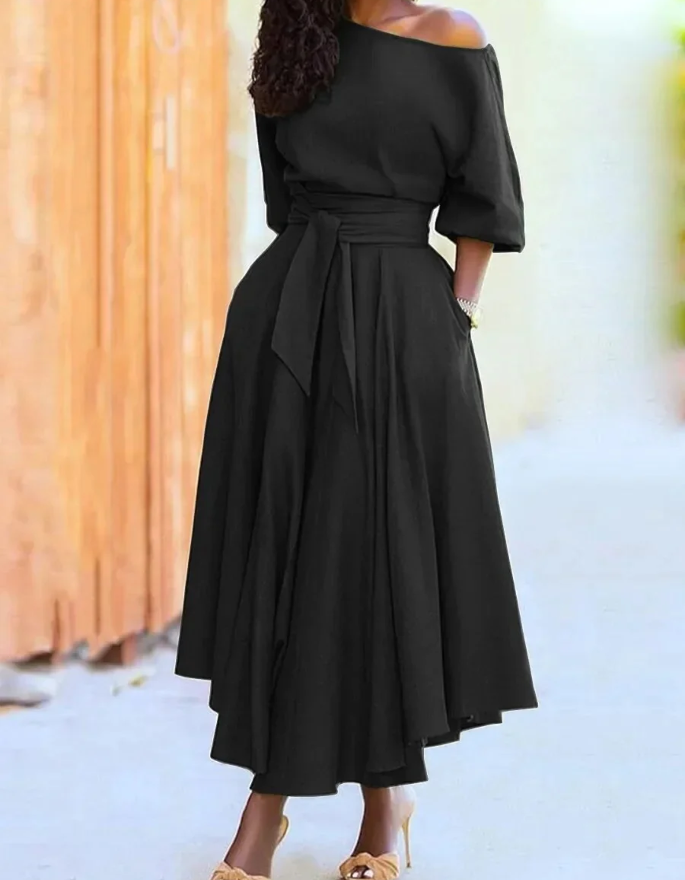 Vestido Midi con Hombros Descubiertos y Mangas Farol para Mujer | Ideal para Ceremonias y Eventos Nocturnos