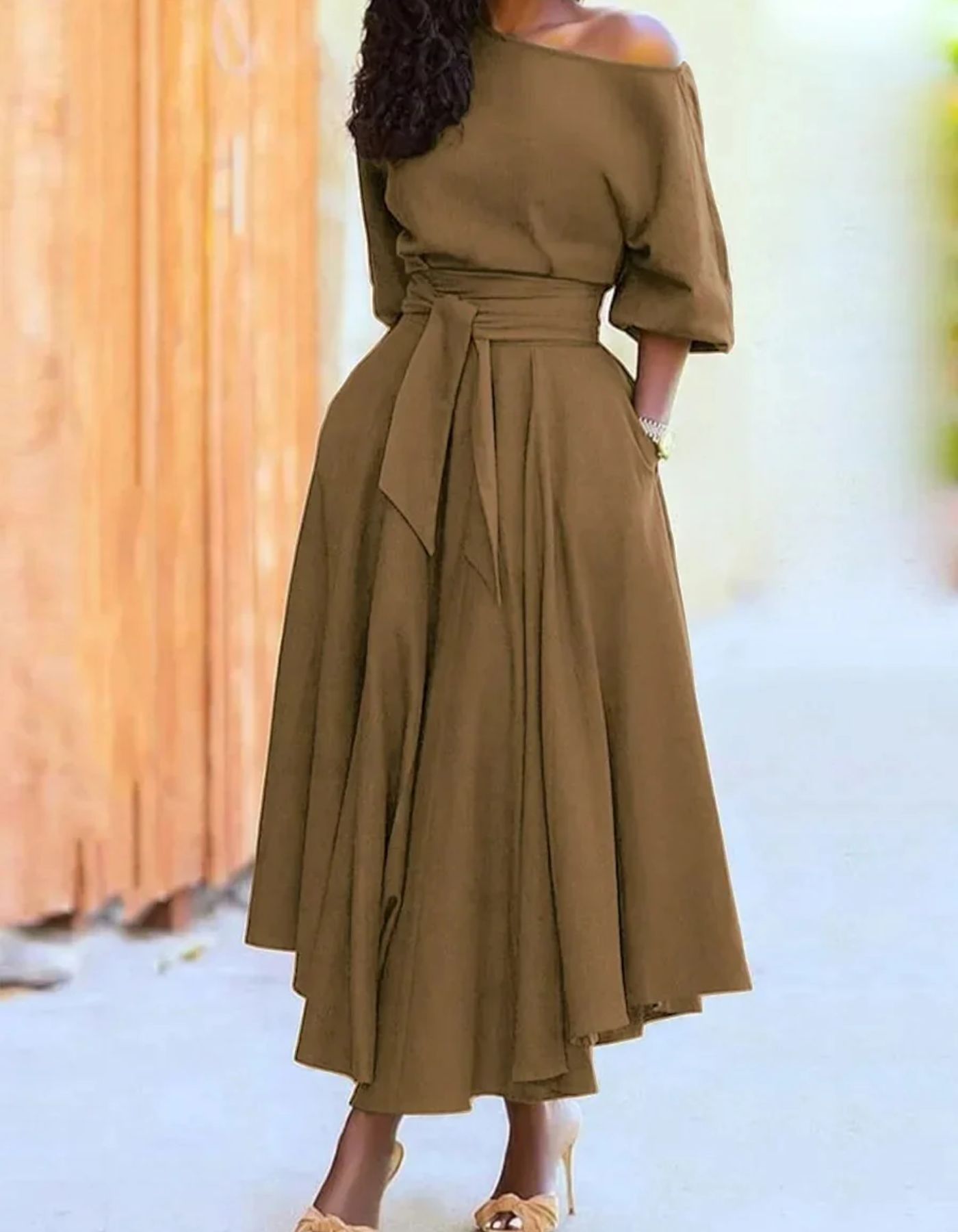 Vestido Midi con Hombros Descubiertos y Mangas Farol para Mujer | Ideal para Ceremonias y Eventos Nocturnos
