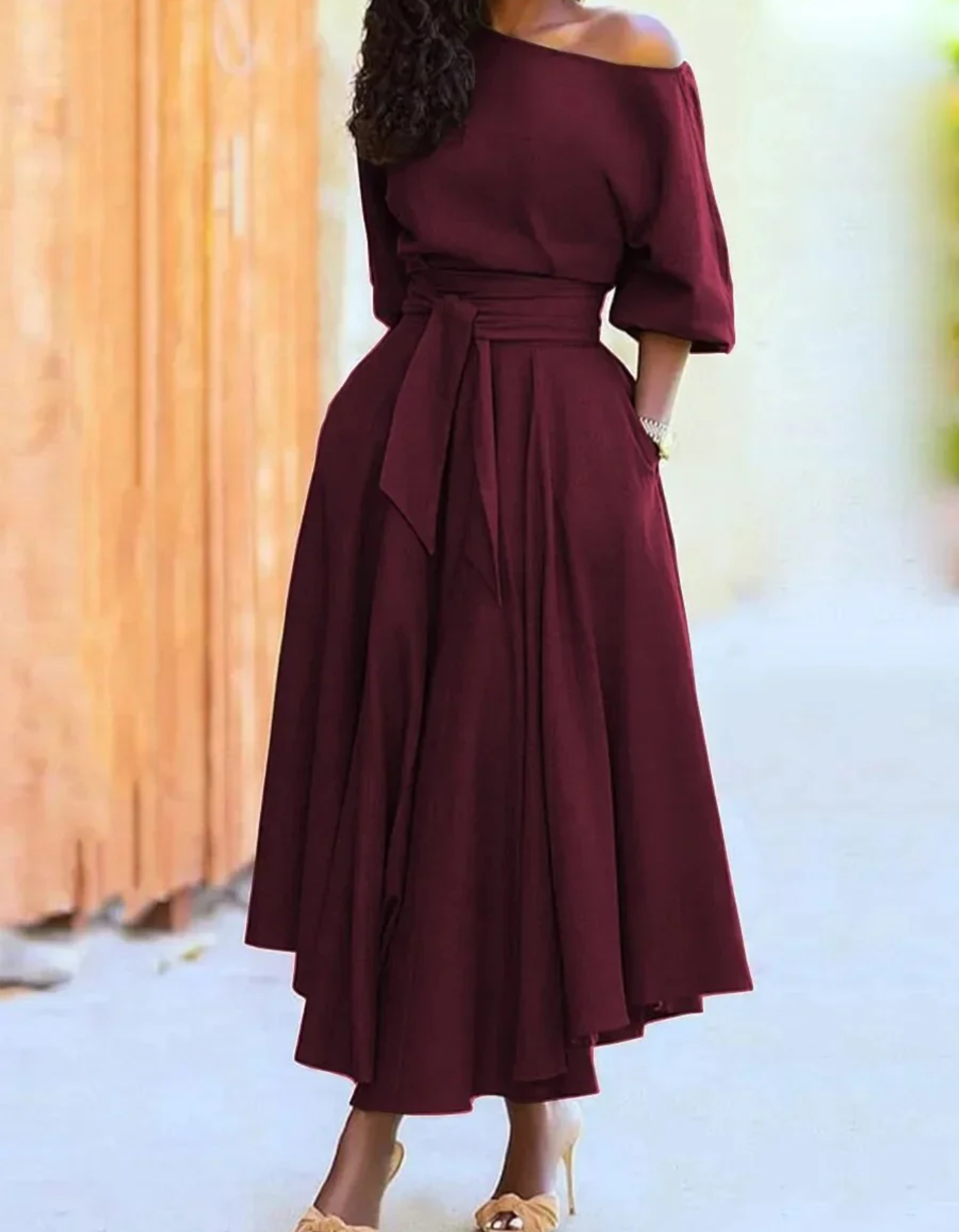 Vestido Midi con Hombros Descubiertos y Mangas Farol para Mujer | Ideal para Ceremonias y Eventos Nocturnos