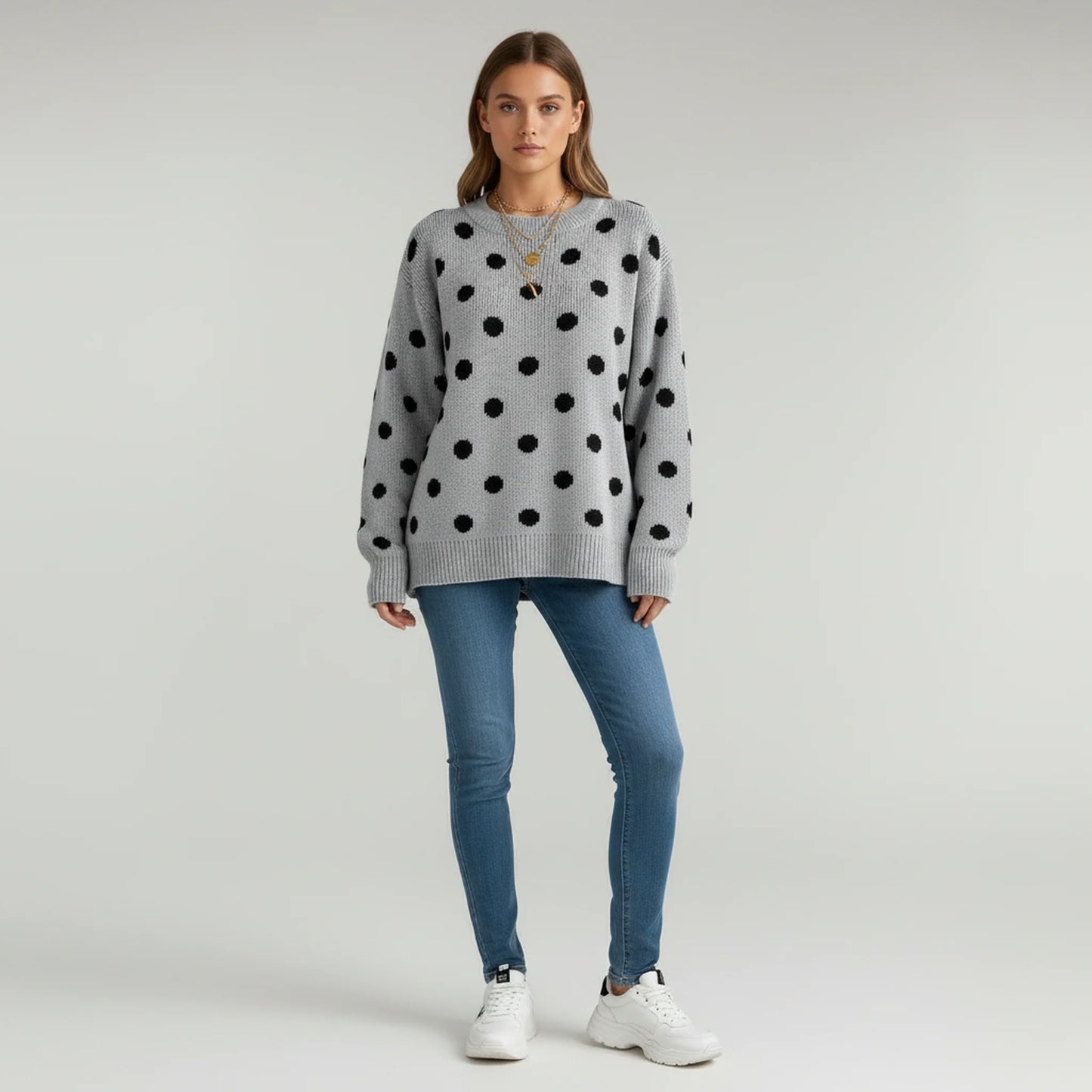 Jersey De Cuello Redondo Con Estampado De Lunares Y Mangas Farol Para Adultos | Ideal Para Otoño Y Uso Casual