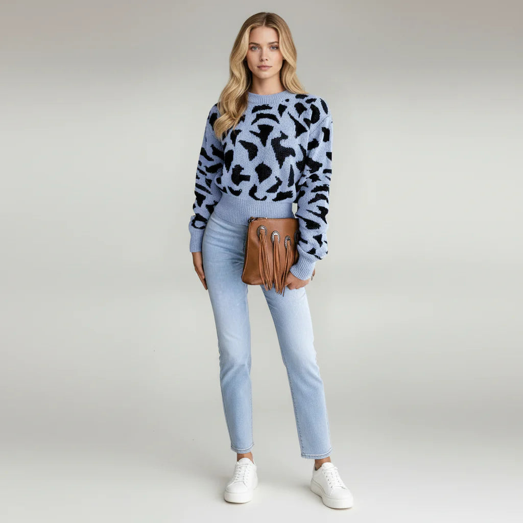 Jersey De Cuello Redondo Con Estampado Animal Y Mangas Largas Para Mujer | Ideal Para Uso Diario