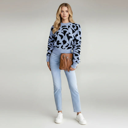 Jersey De Cuello Redondo Con Estampado Animal Y Mangas Largas Para Mujer | Ideal Para Uso Diario