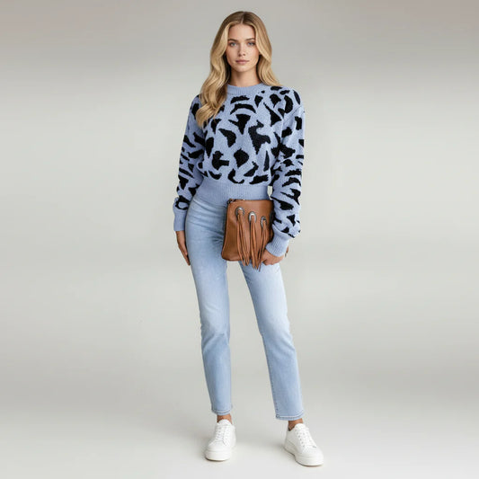 Jersey De Cuello Redondo Con Estampado Animal Y Mangas Largas Para Mujer | Ideal Para Uso Diario