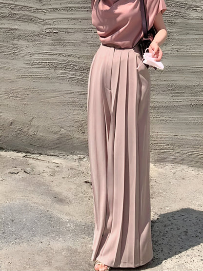 Pantalón de Talle Alto con Diseño Plisado y Pierna Ancha para Mujer | Ideal para Uso Diario y Trabajo