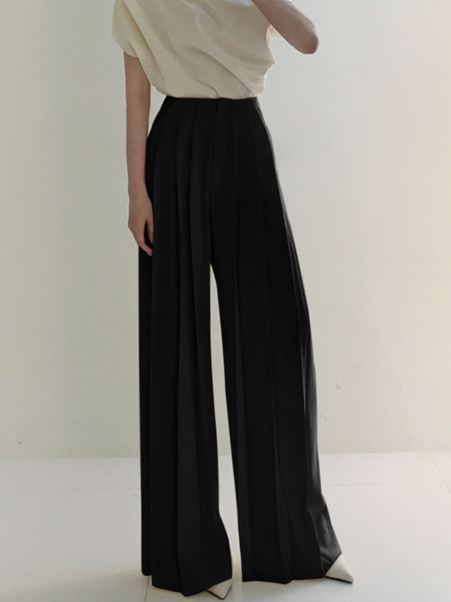 Pantalón de Talle Alto con Diseño Plisado y Pierna Ancha para Mujer | Ideal para Uso Diario y Trabajo