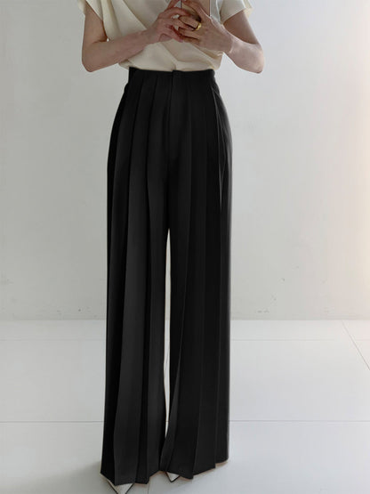 Pantalón de Talle Alto con Diseño Plisado y Pierna Ancha para Mujer | Ideal para Uso Diario y Trabajo