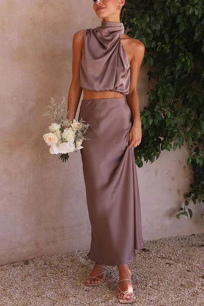 Conjunto con Top De Cuello Alto y Falda Larga para Mujer | Ideal para Eventos y Ceremonias