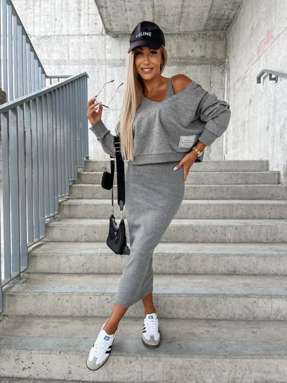 Conjunto de Dos Piezas con Top Oversize y Falda Midi Ajustada para Mujer | Ideal para Ciudad o Uso Informal