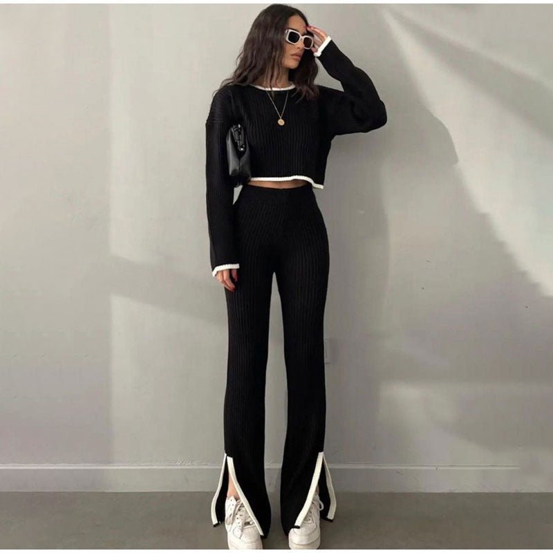 Conjunto de Top Corto de Manga Larga y Pantalón de Talle Alto para Mujer | Ideal para Uso Diario