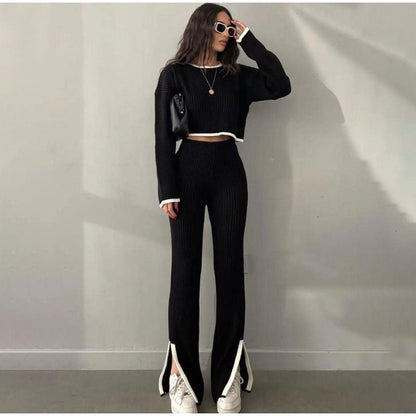 Conjunto de Top Corto de Manga Larga y Pantalón de Talle Alto para Mujer | Ideal para Uso Diario