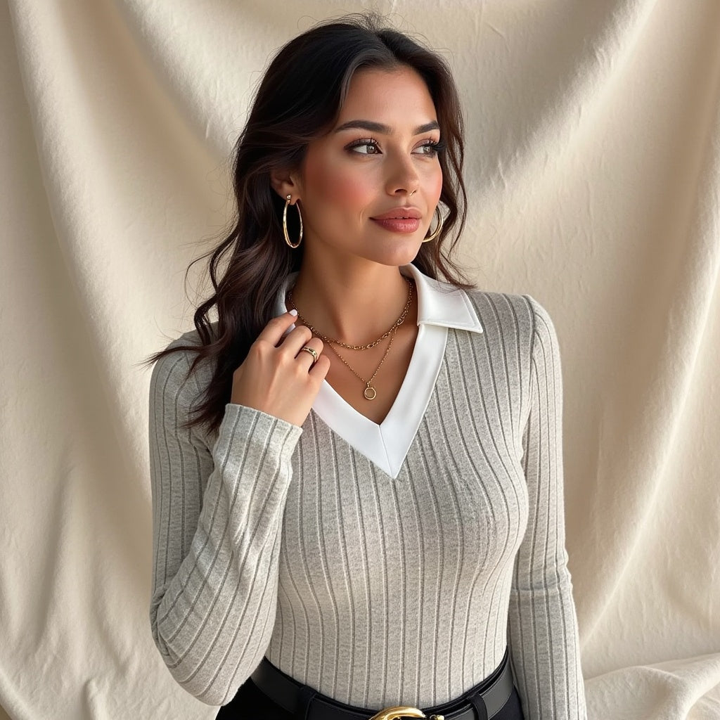 Jersey De Manga Larga Con Estructura Acanalada Y Cuello En V Para Mujer | Ideal Para Uso Diario