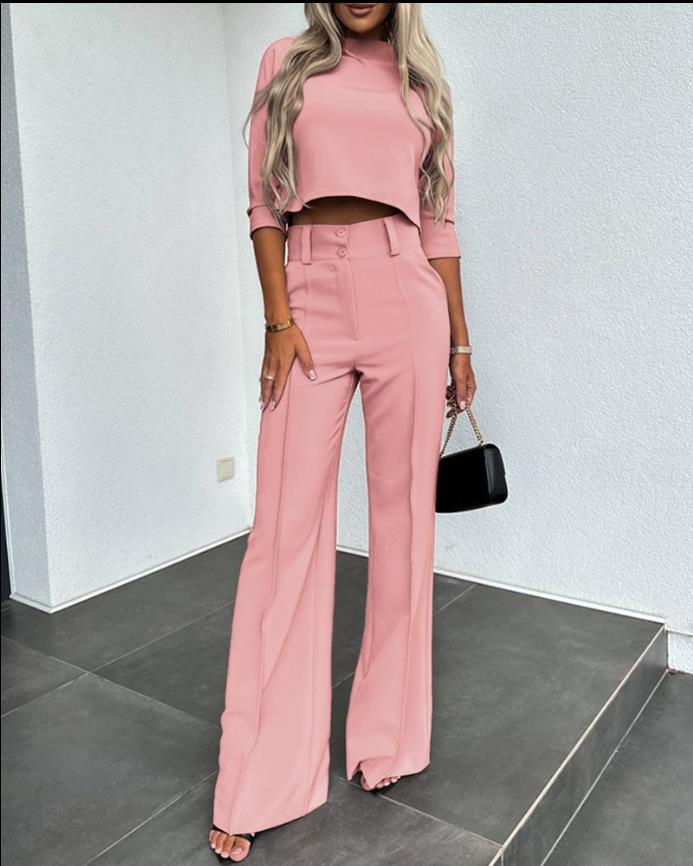 Conjunto De Top De Manga Larga Con Cuello Redondo Y Pantalón Ancho Para Mujeres | Ideal Para Uso Diario Y Oficina