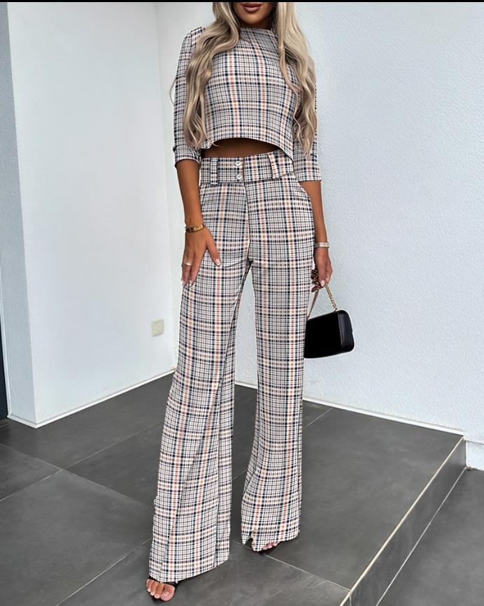 Conjunto De Top De Manga Larga Con Cuello Redondo Y Pantalón Ancho Para Mujeres | Ideal Para Uso Diario Y Oficina