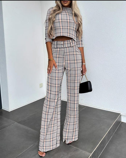 Conjunto De Top De Manga Larga Con Cuello Redondo Y Pantalón Ancho Para Mujeres | Ideal Para Uso Diario Y Oficina