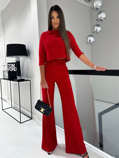 Conjunto De Top De Manga Larga Con Cuello Redondo Y Pantalón Ancho Para Mujeres | Ideal Para Uso Diario Y Oficina