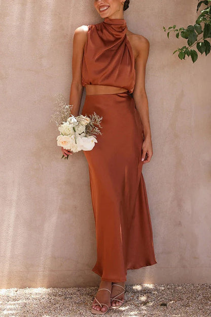 Conjunto con Top De Cuello Alto y Falda Larga para Mujer | Ideal para Eventos y Ceremonias