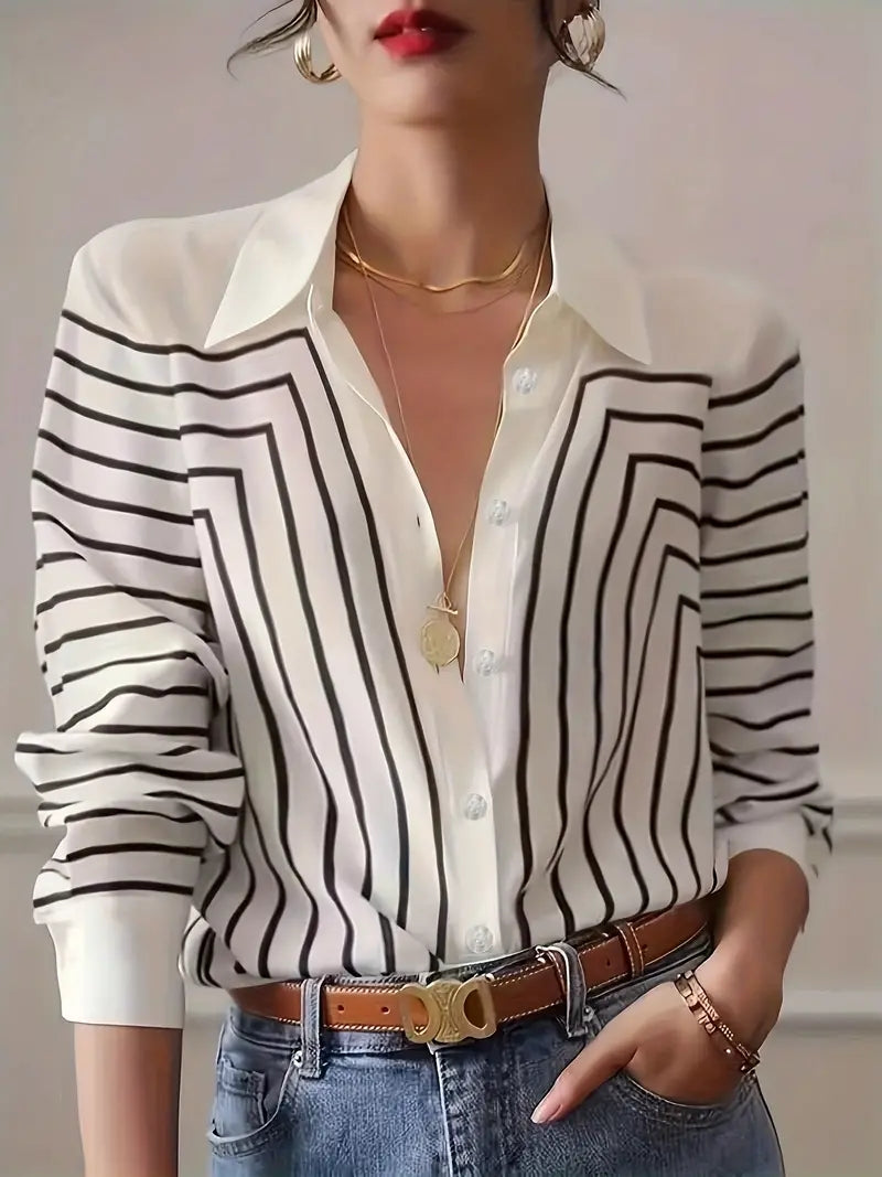 Blusa A Rayas Con Cierre Abotonado Para Mujer | Ideal Para Uso Diario Y Semi-Formal