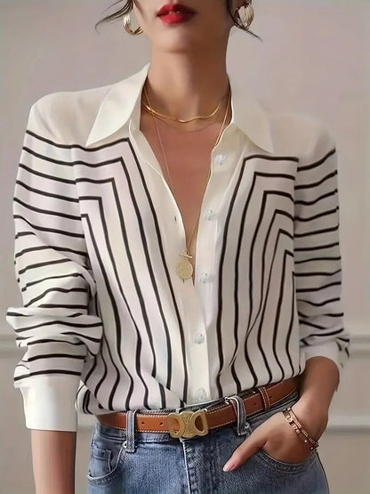Blusa A Rayas Con Cierre Abotonado Para Mujer | Ideal Para Uso Diario Y Semi-Formal