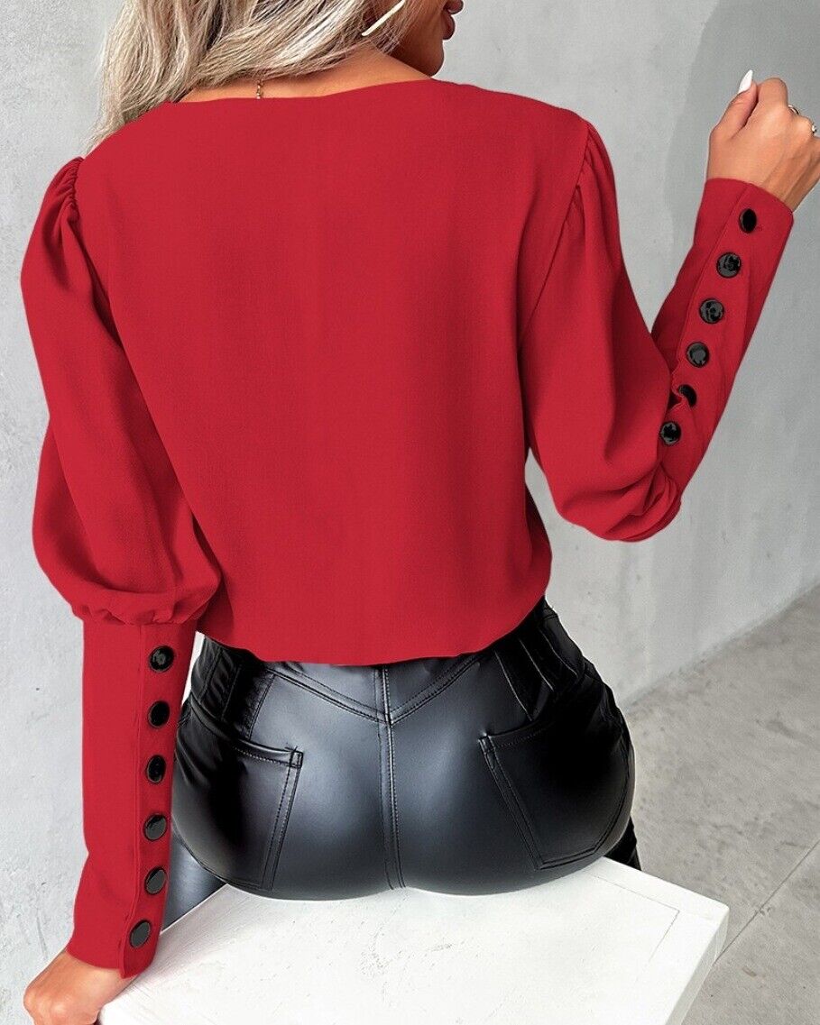 Blusa Con Cuello En V Contraste Y Botones En Las Mangas Para Mujer | Ideal Para Oficina Y Eventos Informales