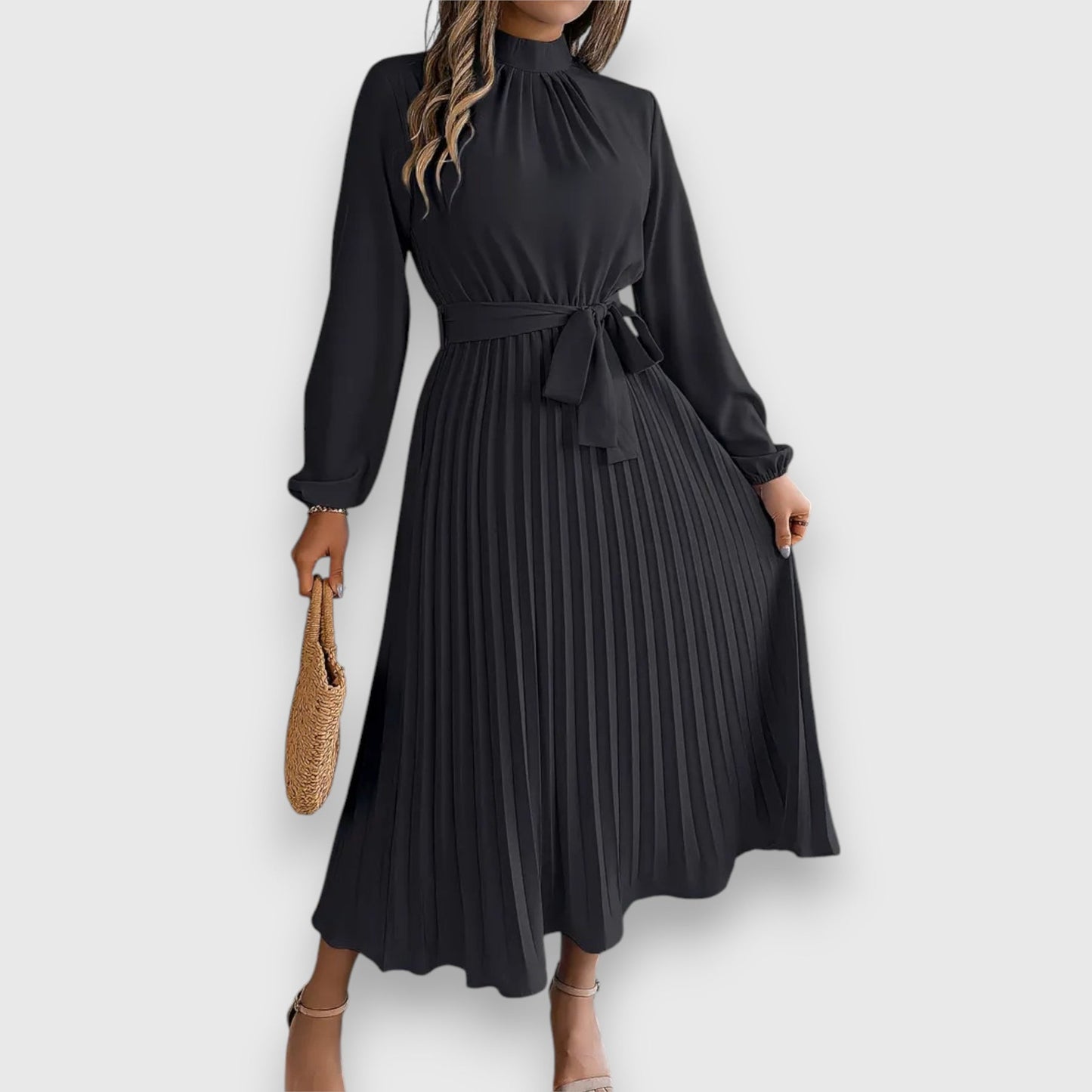 Vestido Midi Con Falda Plisada Y Cinturón Ajustable Para Mujer | Ideal Para Ocasiones Formales Y Uso Diario