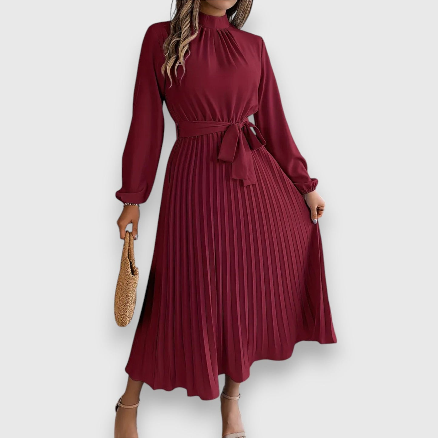 Vestido Midi Con Falda Plisada Y Cinturón Ajustable Para Mujer | Ideal Para Ocasiones Formales Y Uso Diario