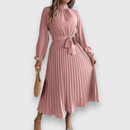Vestido Midi Con Falda Plisada Y Cinturón Ajustable Para Mujer | Ideal Para Ocasiones Formales Y Uso Diario
