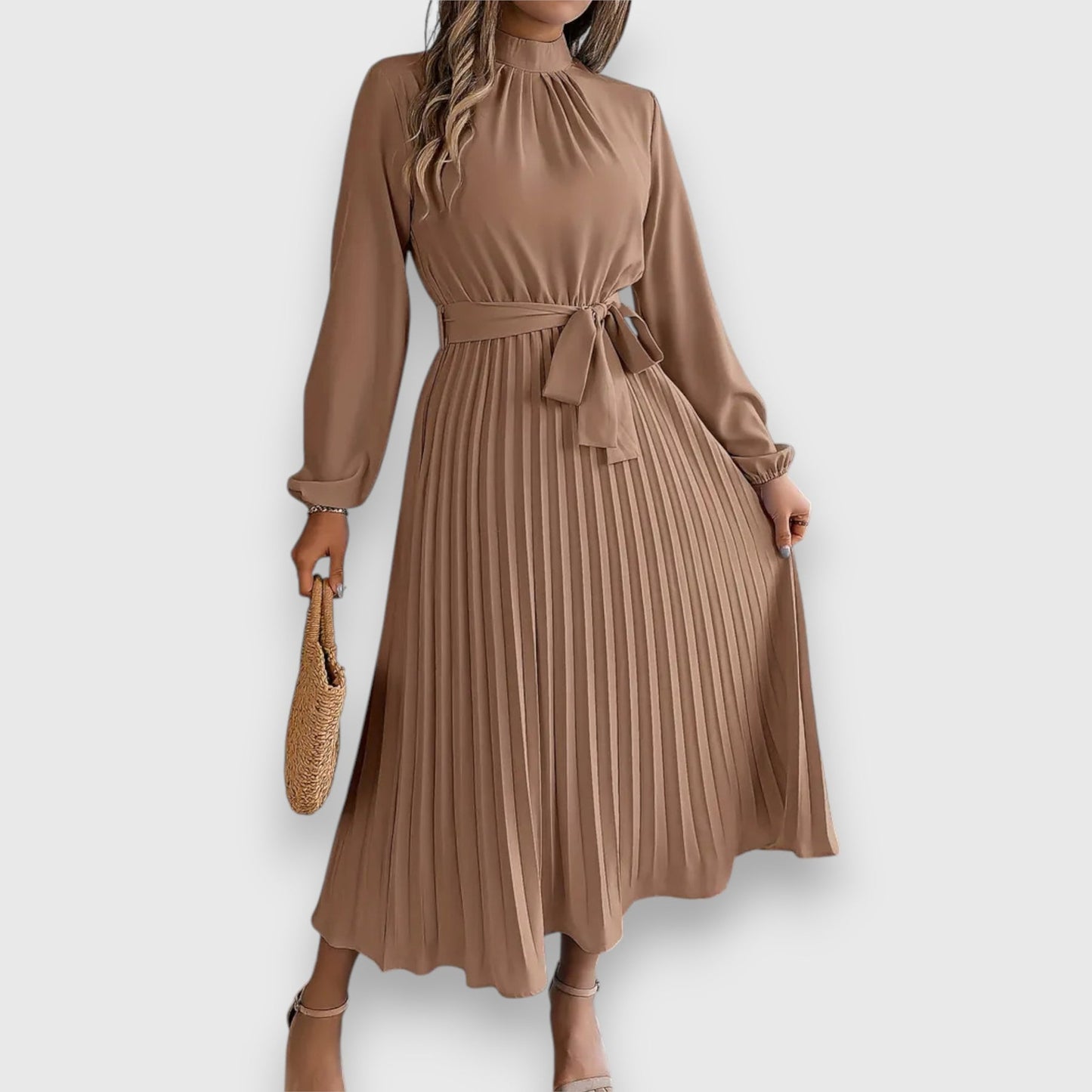 Vestido Midi Con Falda Plisada Y Cinturón Ajustable Para Mujer | Ideal Para Ocasiones Formales Y Uso Diario