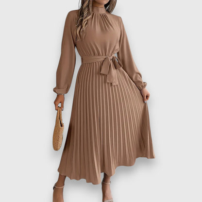 Vestido Midi Con Falda Plisada Y Cinturón Ajustable Para Mujer | Ideal Para Ocasiones Formales Y Uso Diario