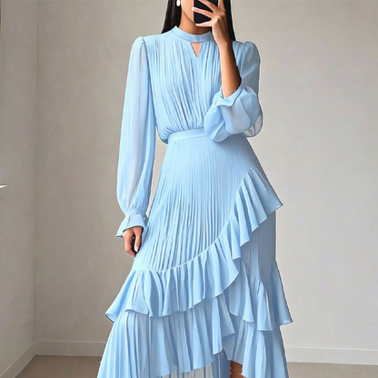 Vestido Midi Con Cuello Alto, Mangas Abullonadas Y Falda De Volantes Para Mujer | Ideal Para Uso Diario