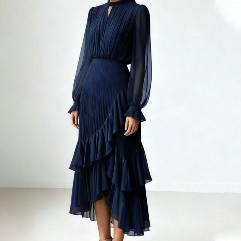 Vestido Midi Con Cuello Alto, Mangas Abullonadas Y Falda De Volantes Para Mujer | Ideal Para Uso Diario
