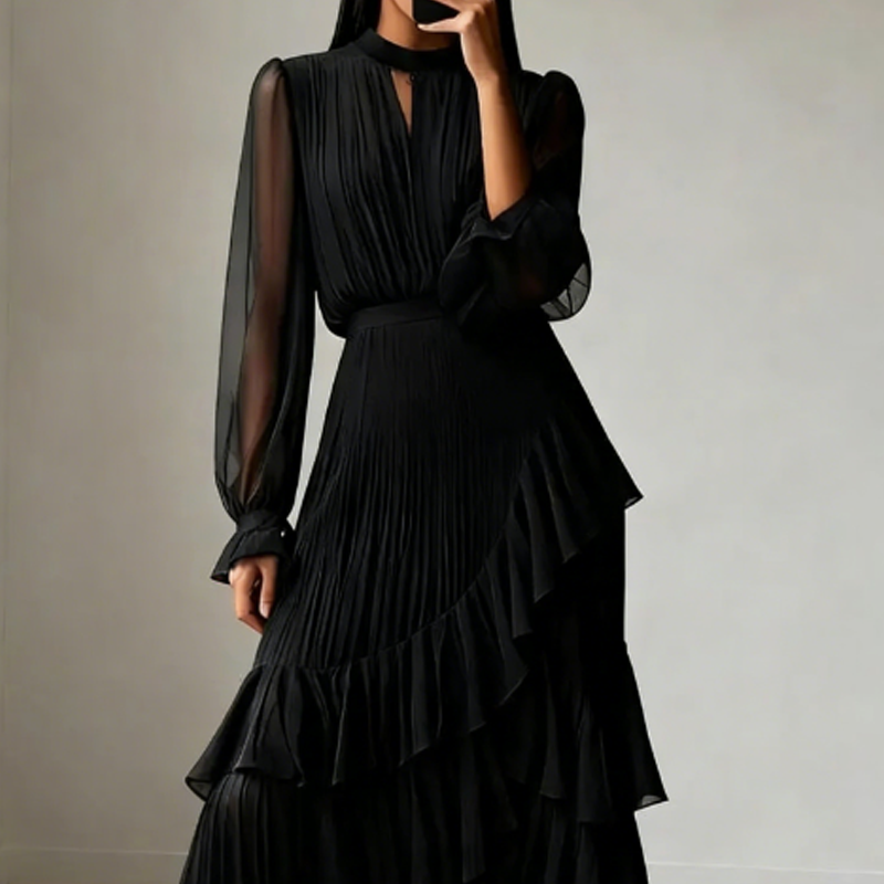 Vestido Midi Con Cuello Alto, Mangas Abullonadas Y Falda De Volantes Para Mujer | Ideal Para Uso Diario