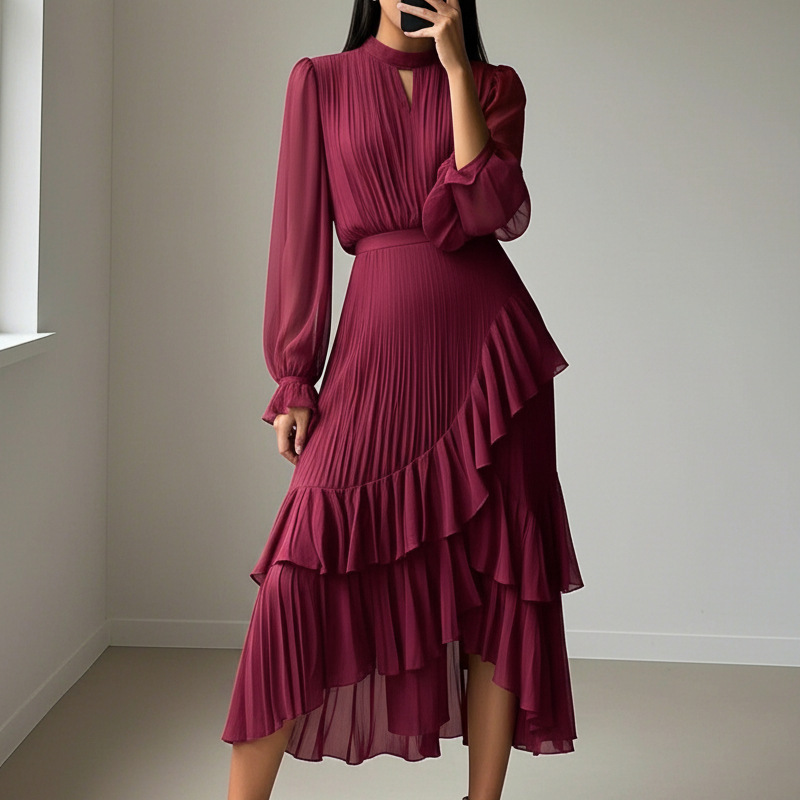 Vestido Midi Con Cuello Alto, Mangas Abullonadas Y Falda De Volantes Para Mujer | Ideal Para Uso Diario