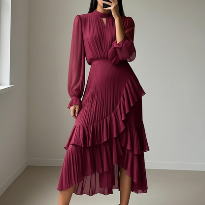 Vestido Midi Con Cuello Alto, Mangas Abullonadas Y Falda De Volantes Para Mujer | Ideal Para Uso Diario