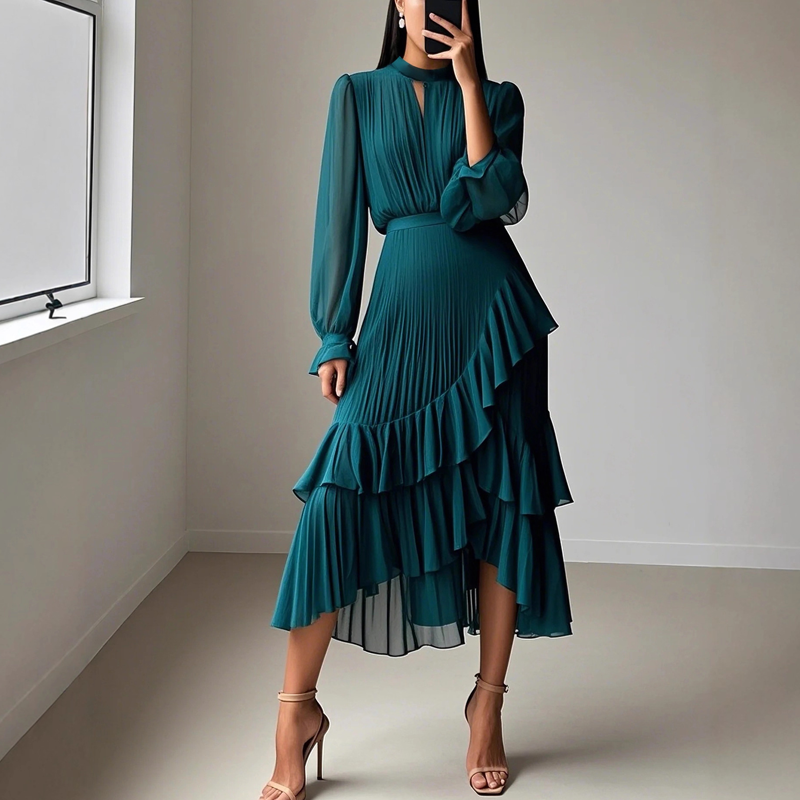 Vestido Midi Con Cuello Alto, Mangas Abullonadas Y Falda De Volantes Para Mujer | Ideal Para Uso Diario