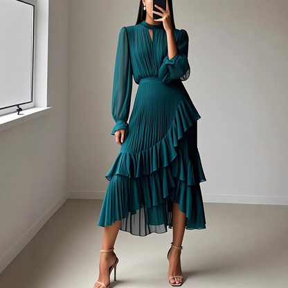 Vestido Midi Con Cuello Alto, Mangas Abullonadas Y Falda De Volantes Para Mujer | Ideal Para Uso Diario