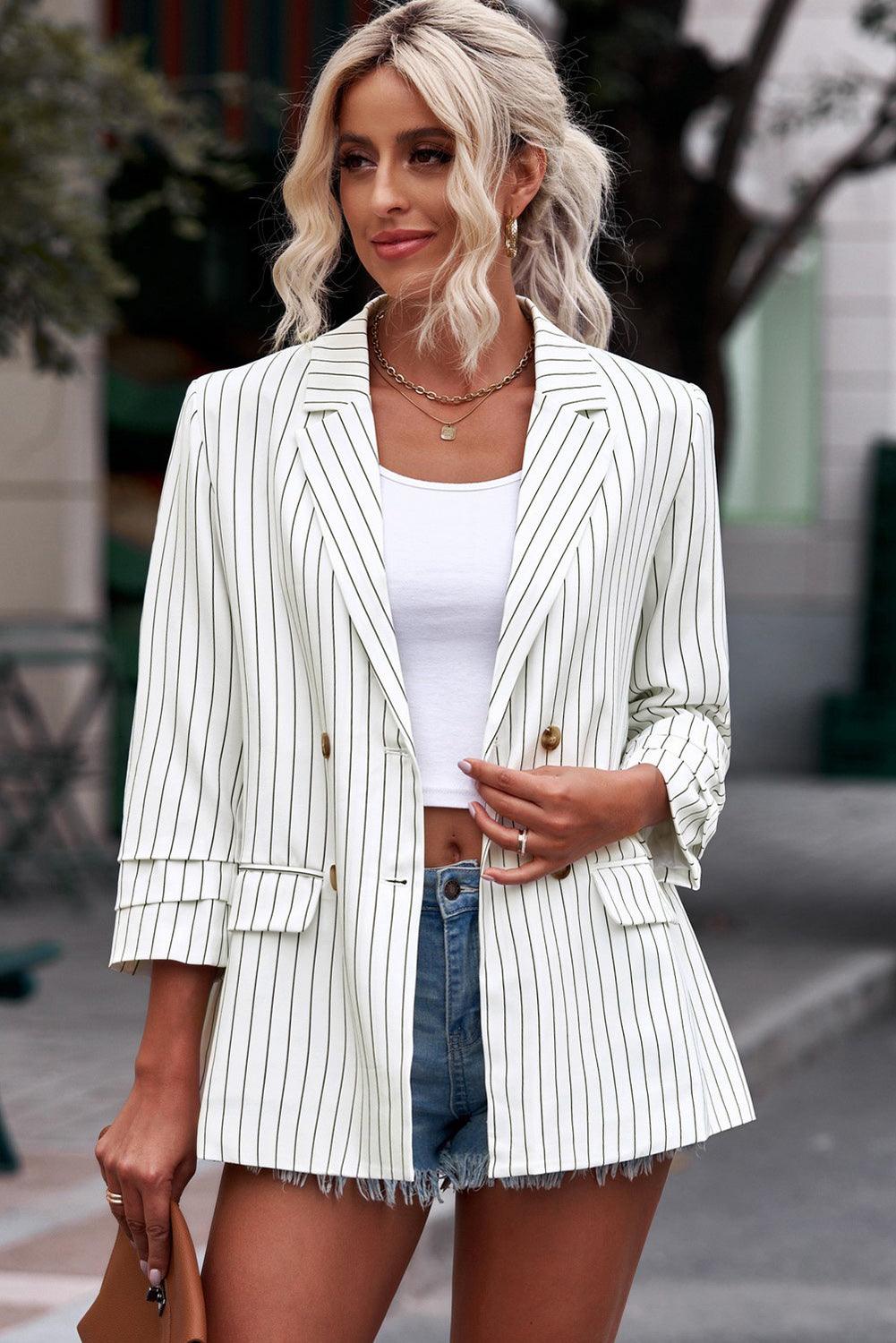 Chaqueta De Manga 3/4 Con Rayas Verticales Para Mujer | Ideal Para Uso Diario O Salidas Informales