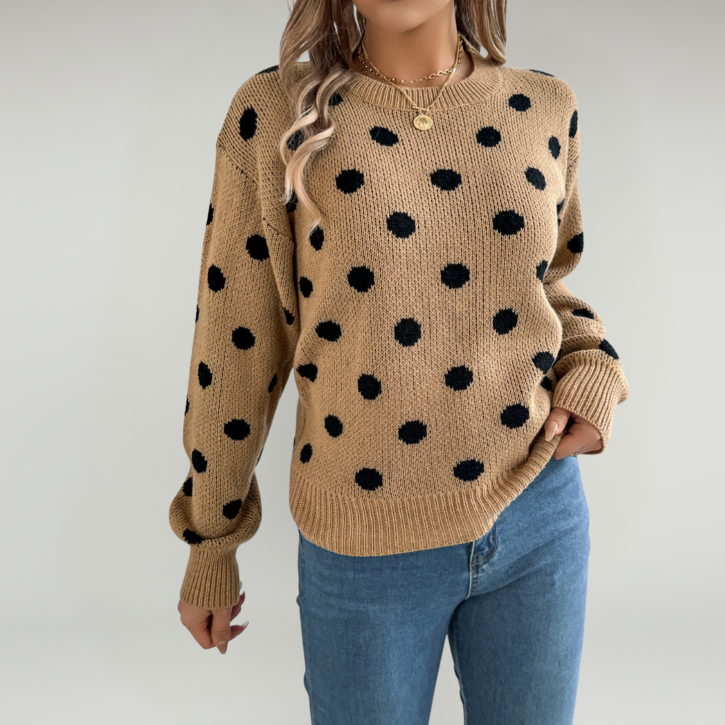 Jersey De Cuello Redondo Con Estampado De Lunares Y Mangas Farol Para Adultos | Ideal Para Otoño Y Uso Casual