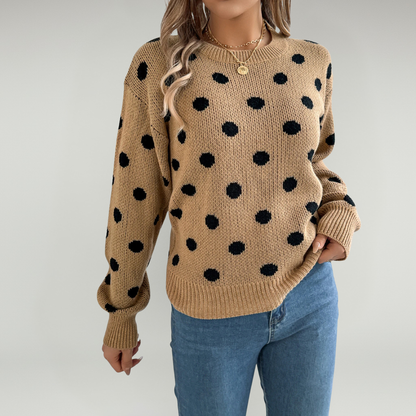 Jersey De Cuello Redondo Con Estampado De Lunares Y Mangas Farol Para Adultos | Ideal Para Otoño Y Uso Casual