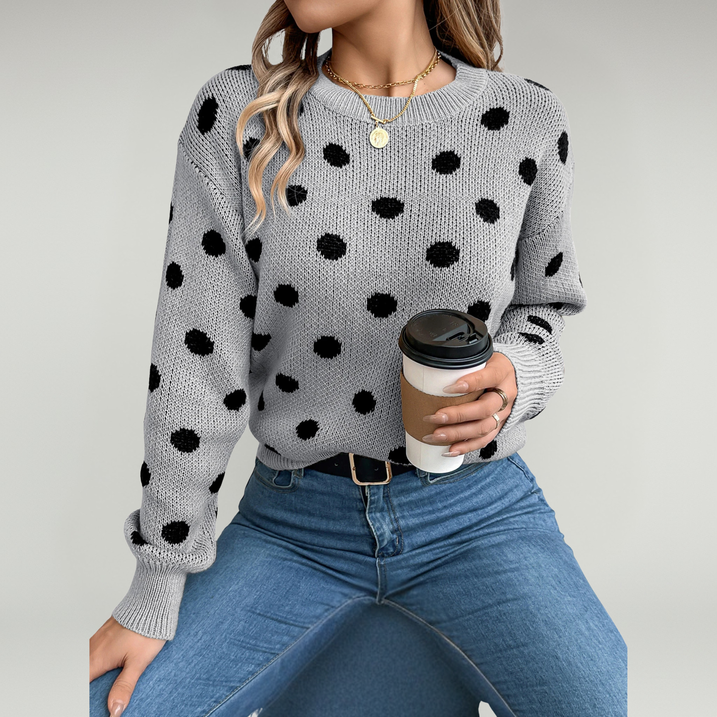 Jersey De Cuello Redondo Con Estampado De Lunares Y Mangas Farol Para Adultos | Ideal Para Otoño Y Uso Casual