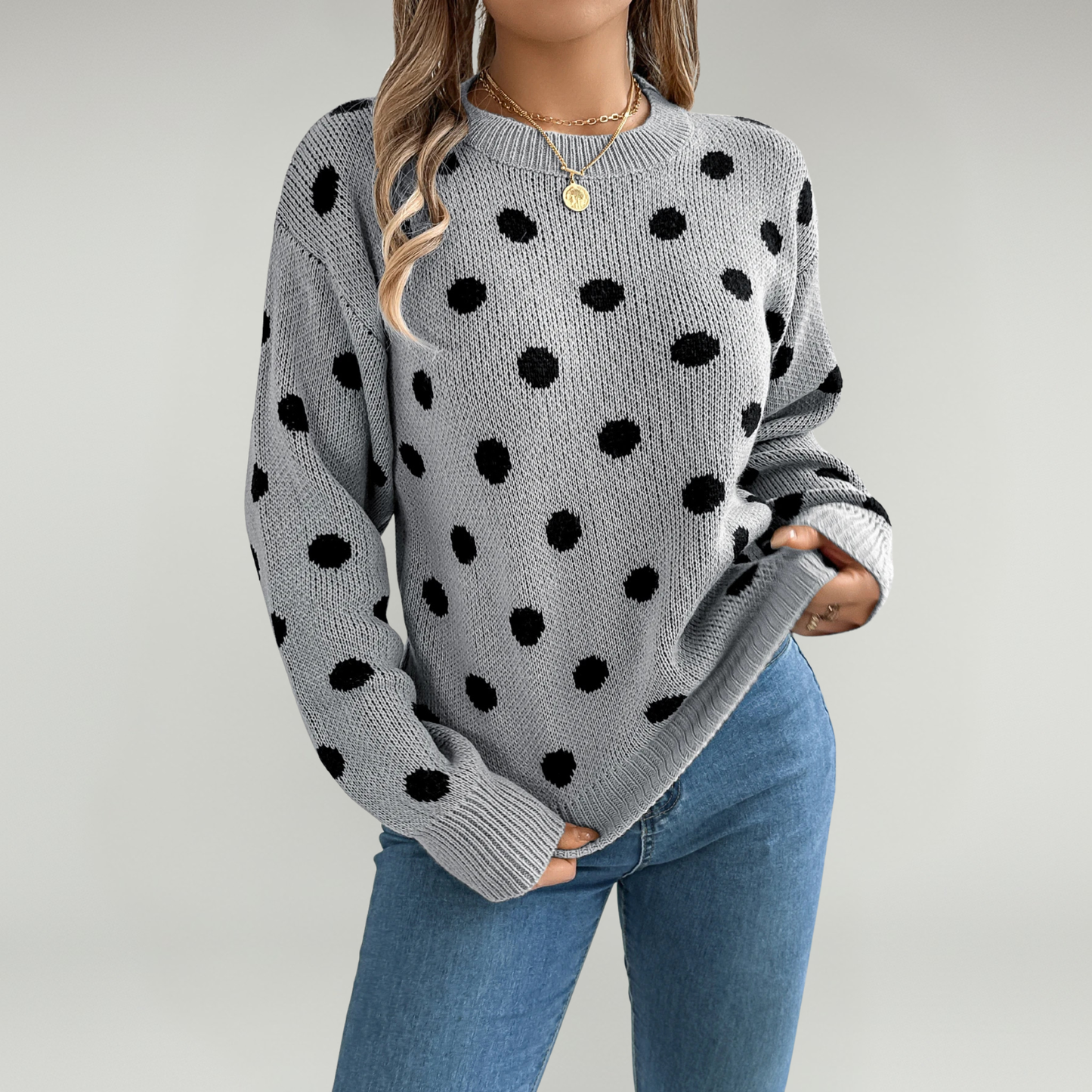 Jersey De Cuello Redondo Con Estampado De Lunares Y Mangas Farol Para Adultos | Ideal Para Otoño Y Uso Casual