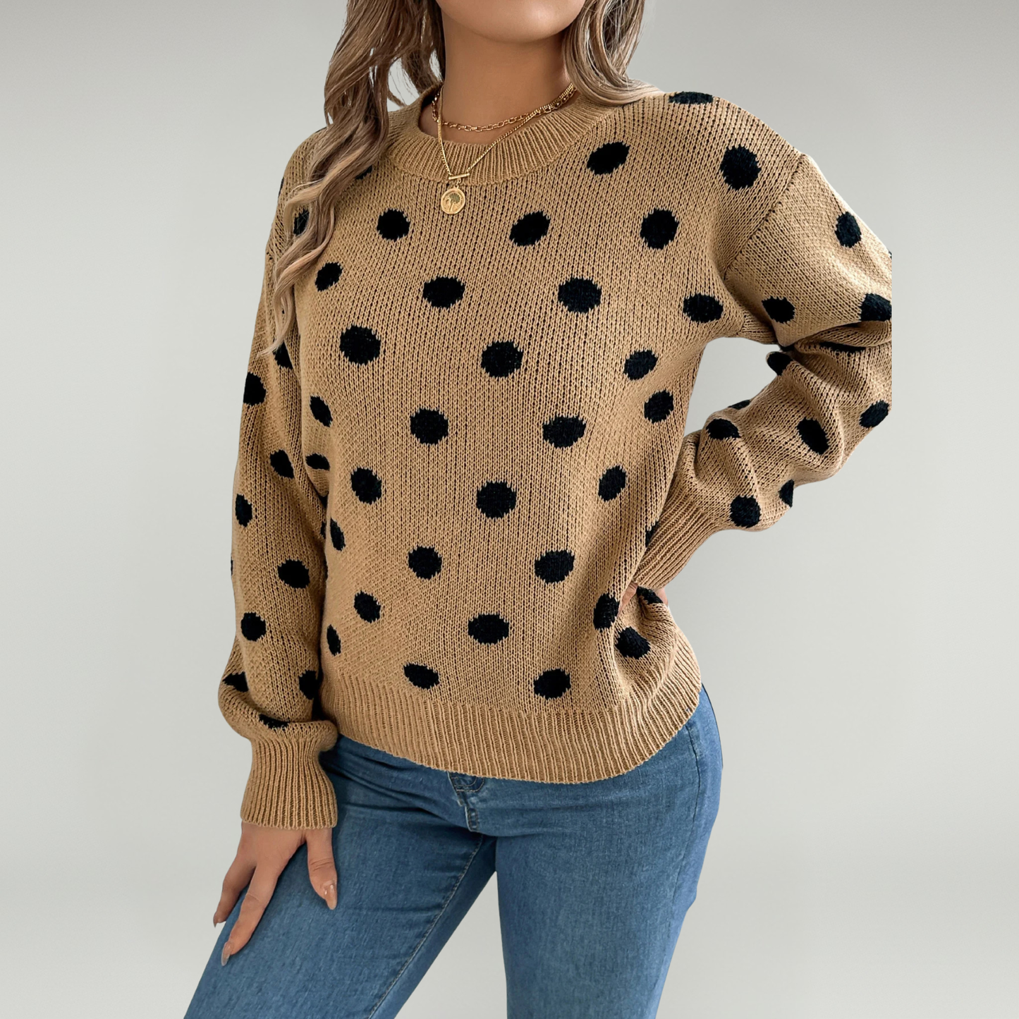 Jersey De Cuello Redondo Con Estampado De Lunares Y Mangas Farol Para Adultos | Ideal Para Otoño Y Uso Casual