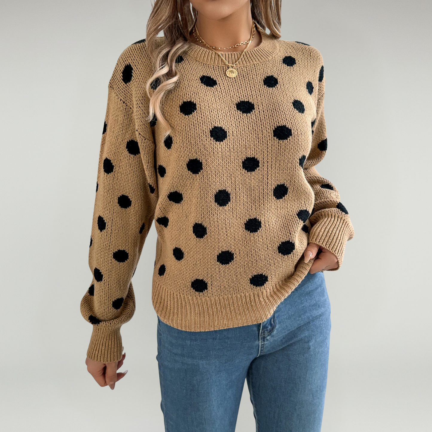 Jersey De Cuello Redondo Con Estampado De Lunares Y Mangas Farol Para Adultos | Ideal Para Otoño Y Uso Casual