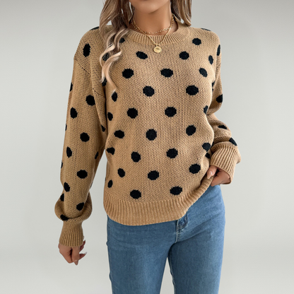 Jersey De Cuello Redondo Con Estampado De Lunares Y Mangas Farol Para Adultos | Ideal Para Otoño Y Uso Casual
